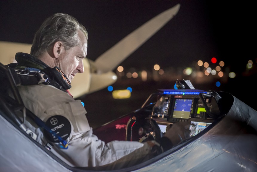 Across America 2013: Preparing for takeoff in its 2nd leg of the Solar Impulse's journey cross-country is pilot Andre Borschberg. The solar plane landed in Dallas Fort Worth from Phoneix yesterday; its next leg will bring it to St. Louis, Missouri. Photo via Solar Impulse