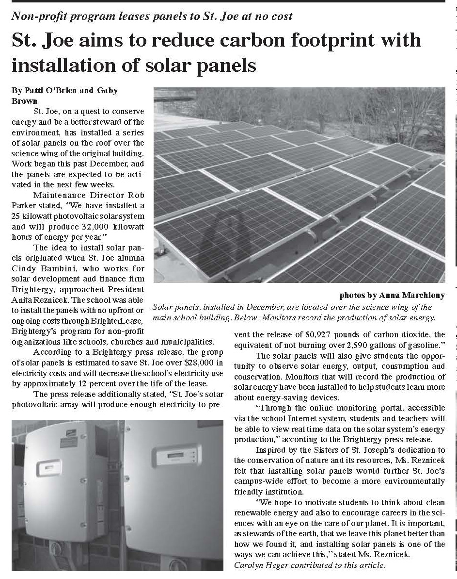 Non-profit program leases panels to St. Joe at no cost. St. Joe aims to reduce carbon footprint with installation of solar panels.